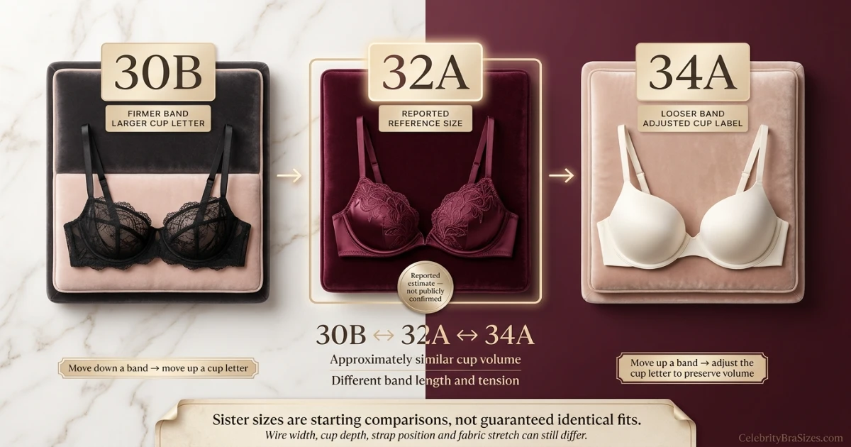 Jenna Ortega reported 32A sister size guide showing 30B and 34A