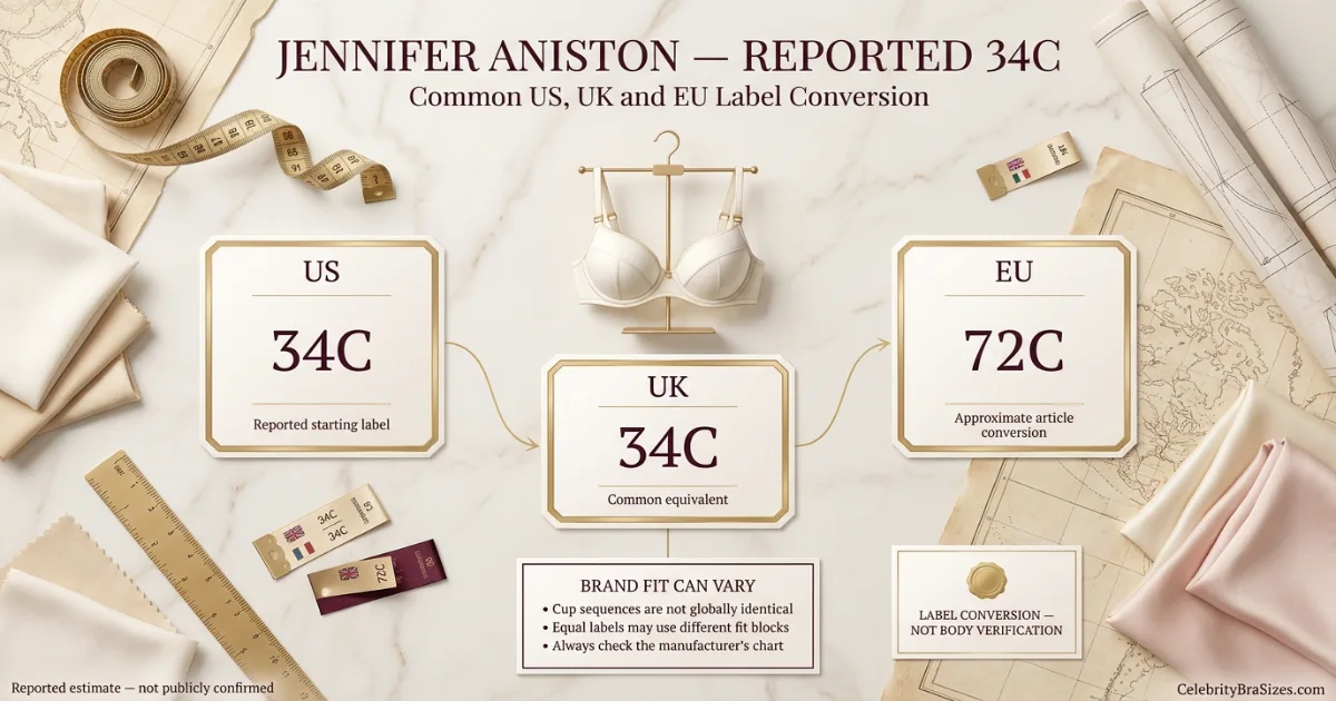 Jennifer Aniston reported 34C bra size conversion guide for US UK and EU sizing