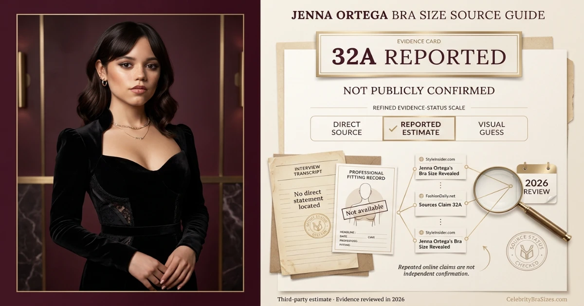 Jenna Ortega bra size source guide showing the 32A reported claim and its evidence status