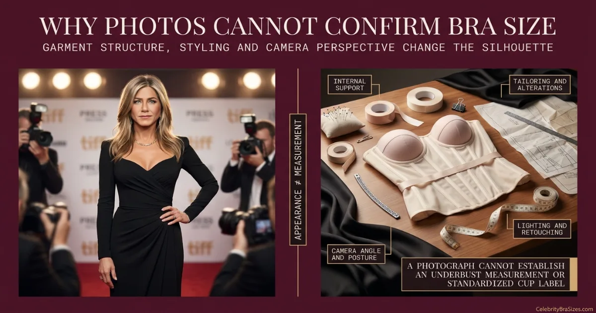 Jennifer Aniston style and garment support context explaining why photographs cannot confirm bra size