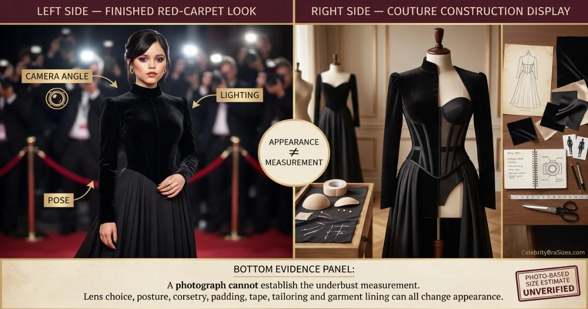 Jenna Ortega style and garment support context explaining why photographs cannot confirm bra size