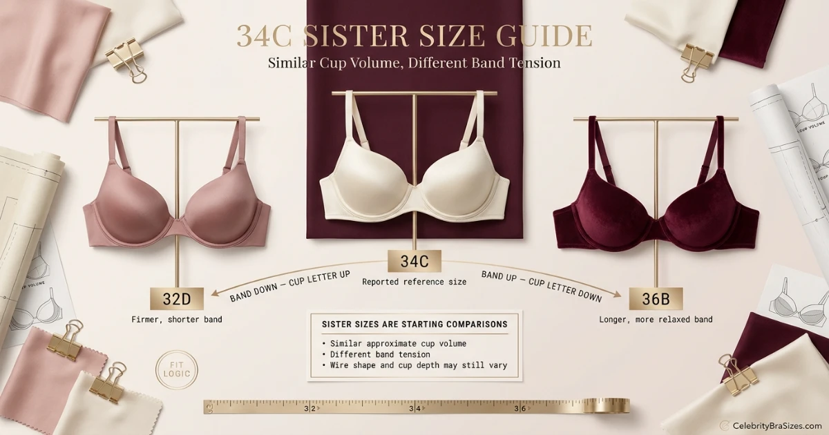 Jennifer Aniston reported 34C sister size guide showing 32D and 36B