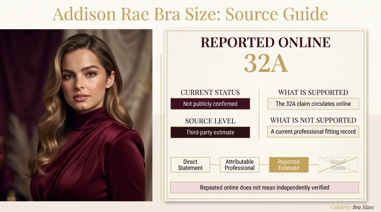 Addison Rae bra size source guide showing the 32A reported claim and its evidence status