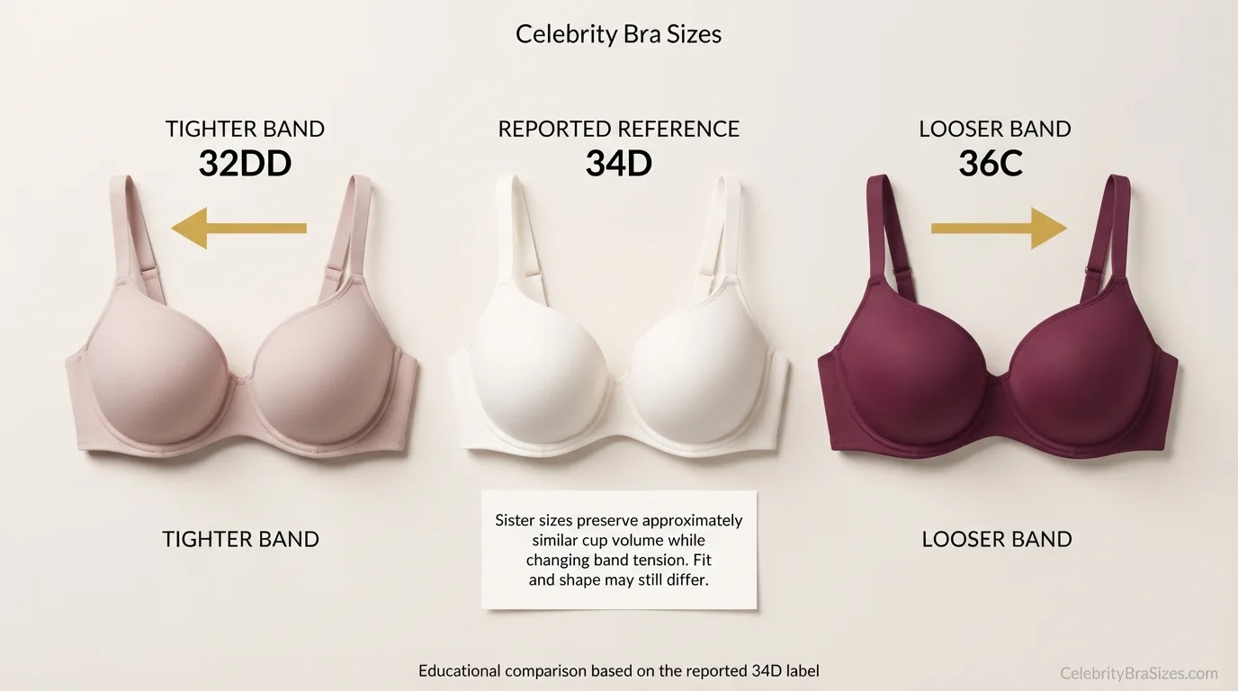 Alexandra Daddario reported 34D sister size guide showing 32DD and 36C