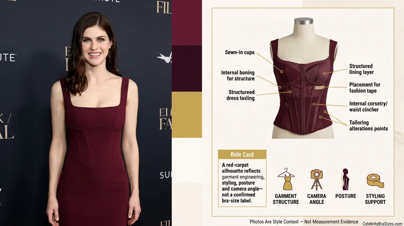 Alexandra Daddario style and garment support context explaining why photographs cannot confirm bra size