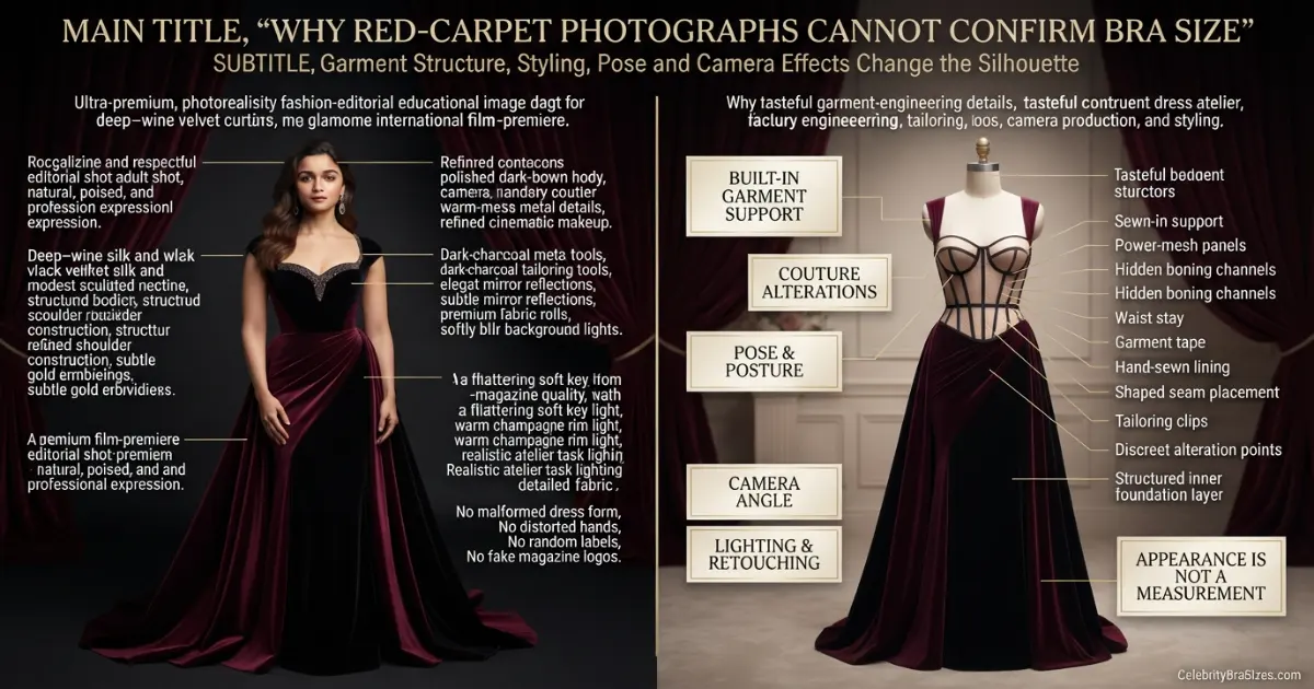 Alia Bhatt style and garment support context explaining why photographs cannot confirm bra size