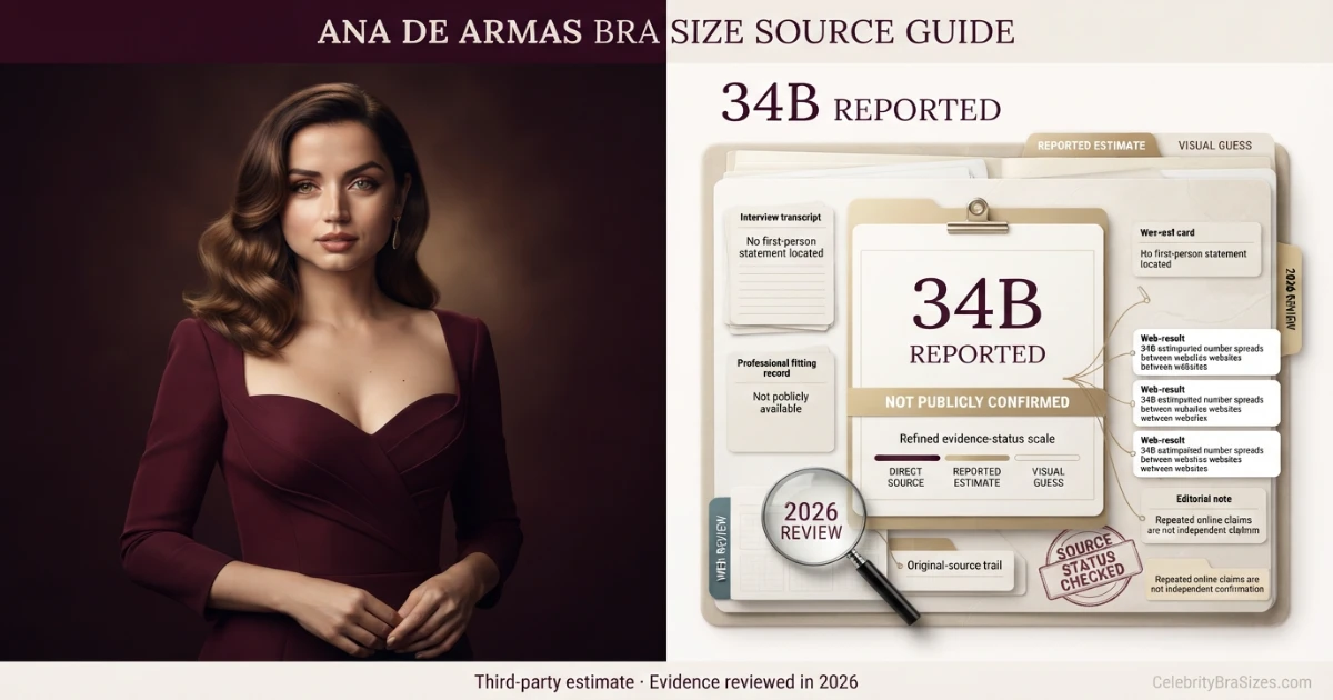 Ana de Armas bra size source guide showing the 34B reported claim and its evidence status