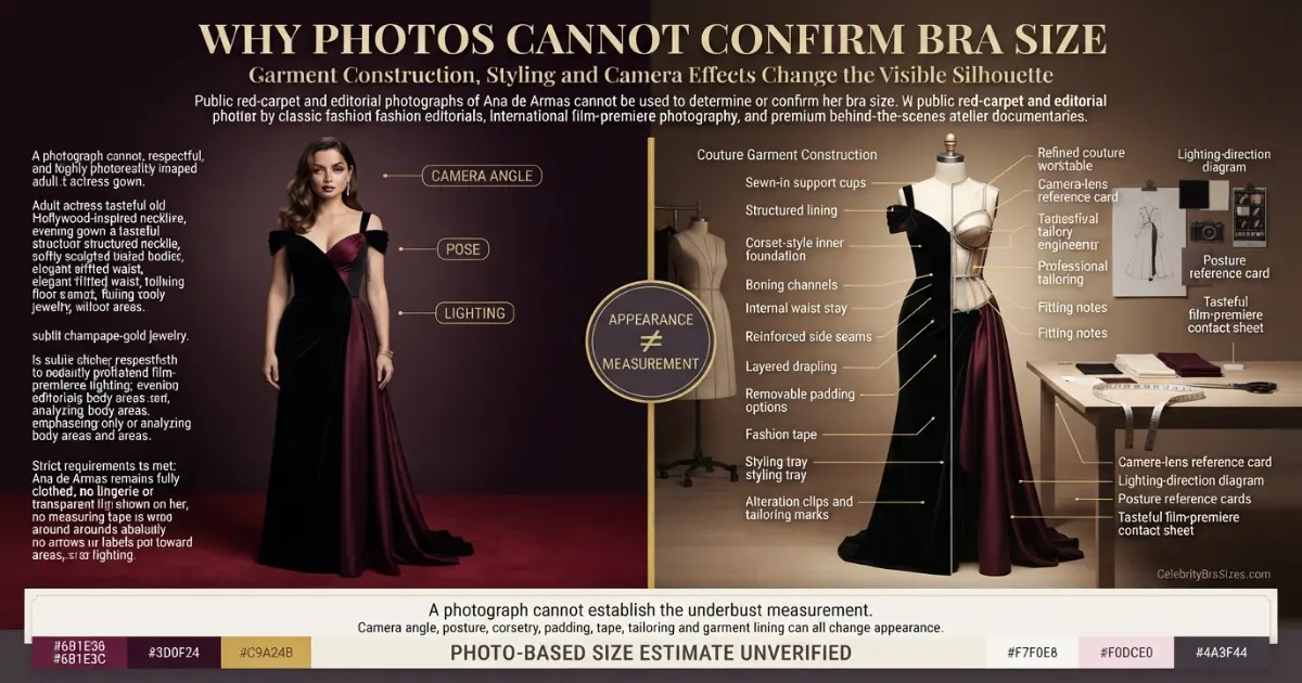 Ana de Armas style and garment support context explaining why photographs cannot confirm bra size