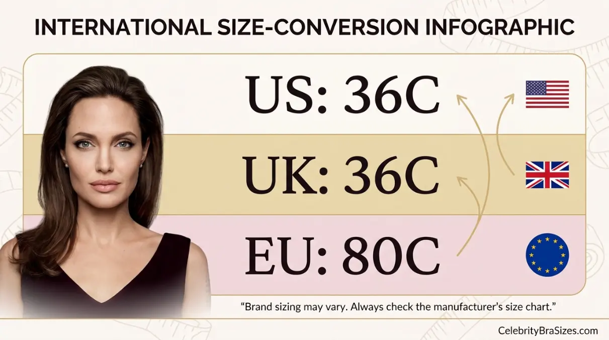 Angelina Jolie reported 36C bra size conversion guide for US UK and EU sizing