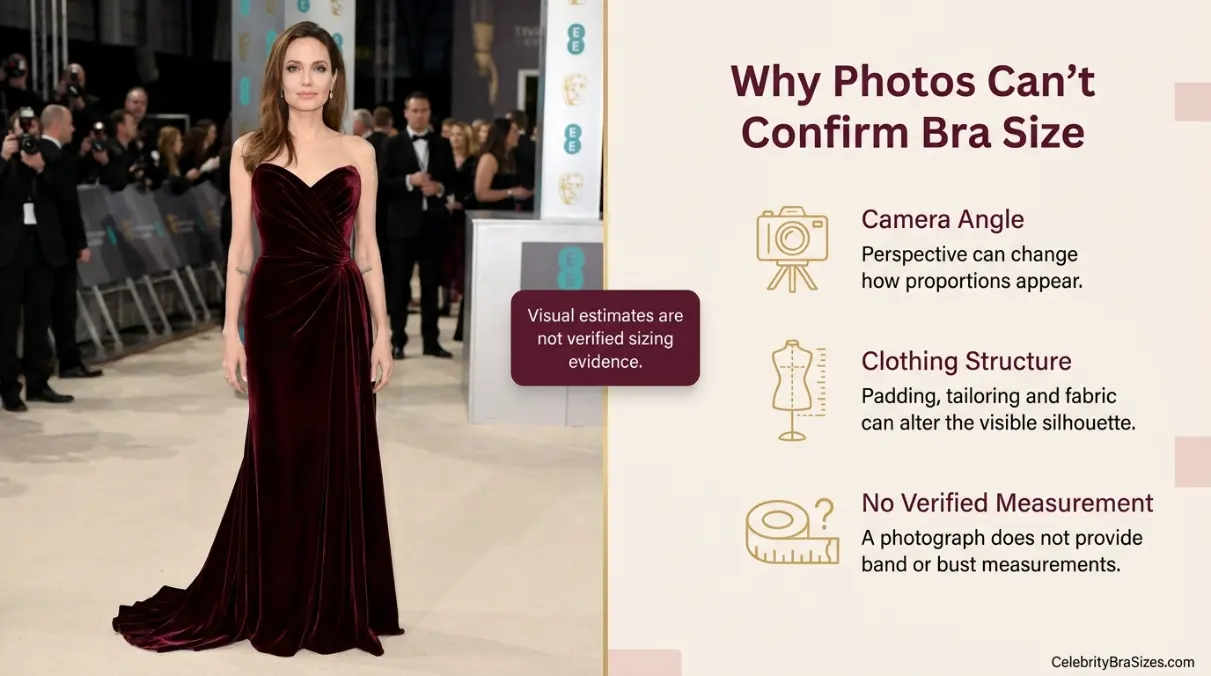 Angelina Jolie style and garment support context explaining why photographs cannot confirm bra size