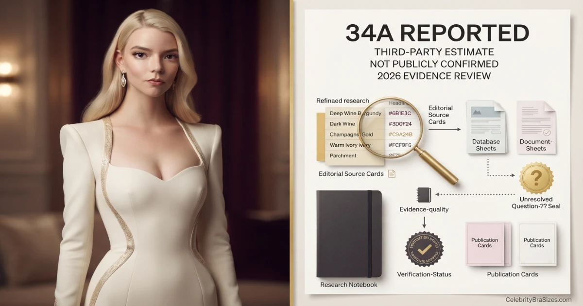 Anya Taylor-Joy bra size source guide showing the 34A reported claim and its evidence status