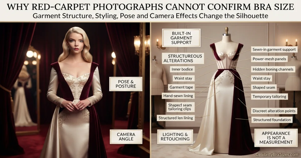 Anya Taylor-Joy style and garment support context explaining why photographs cannot confirm bra size