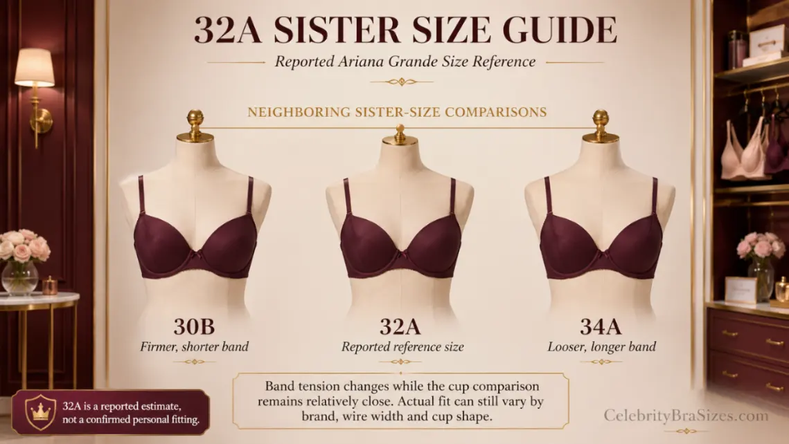 Ariana Grande reported 32A sister size guide showing 30B and 34A