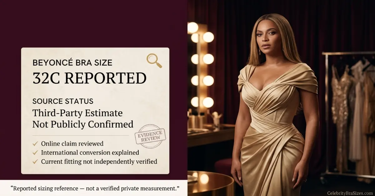 Beyoncé bra size source guide showing the 32C reported claim and its evidence status