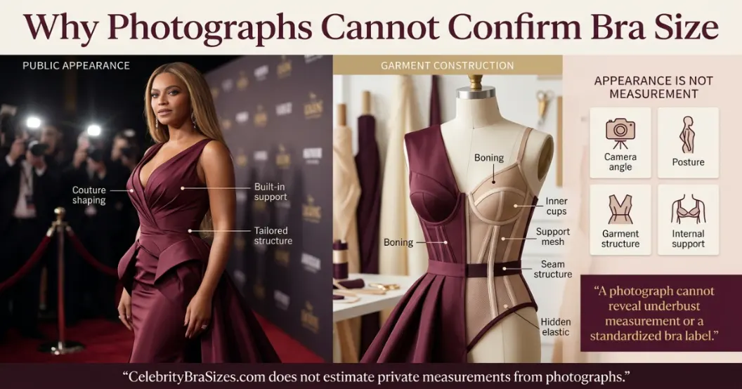 Beyoncé style and garment support context explaining why photographs cannot confirm bra size