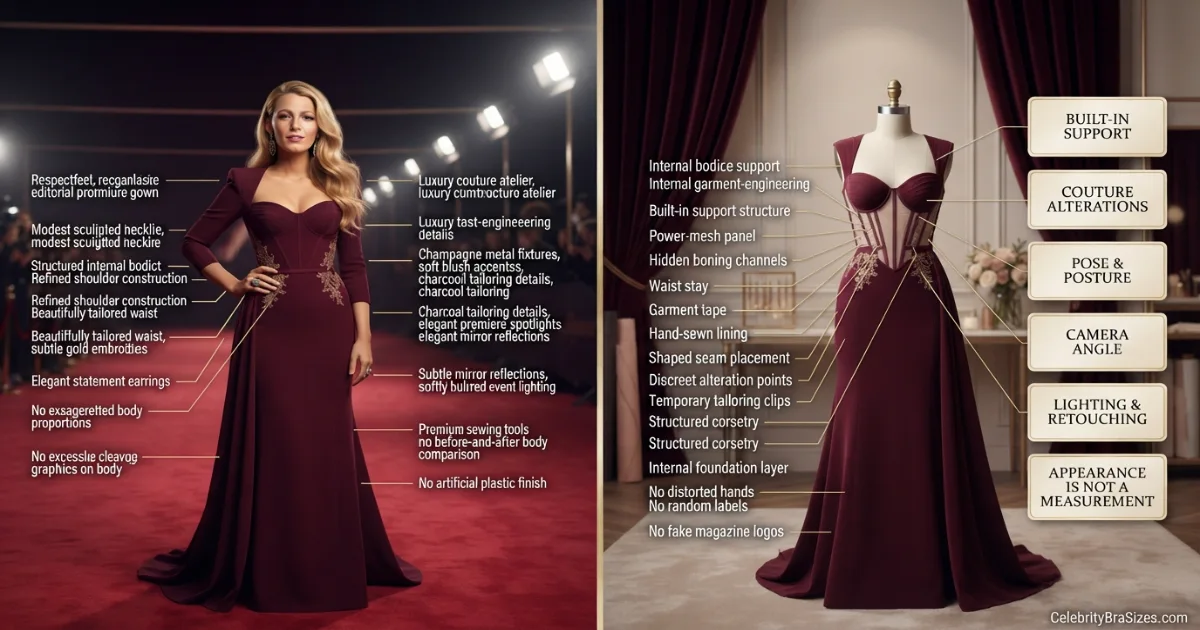 Blake Lively style and garment support context explaining why photographs cannot confirm bra size