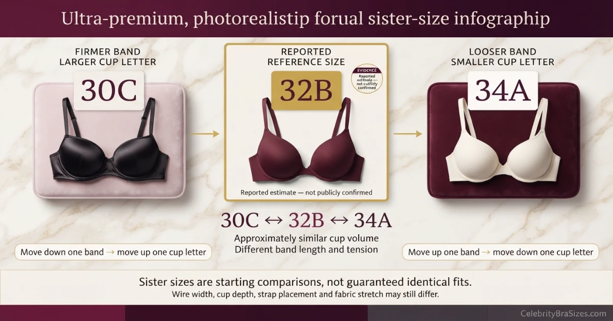 Dakota Johnson reported 32B sister size guide showing 30C and 34A