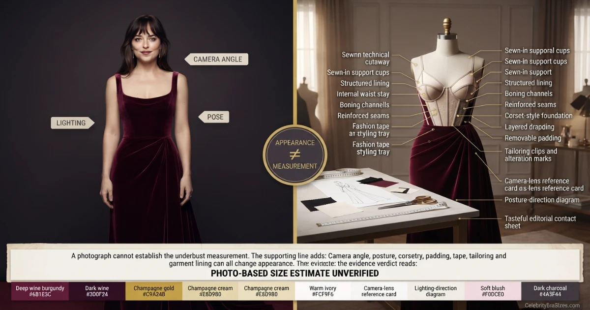 Dakota Johnson style and garment support context explaining why photographs cannot confirm bra size