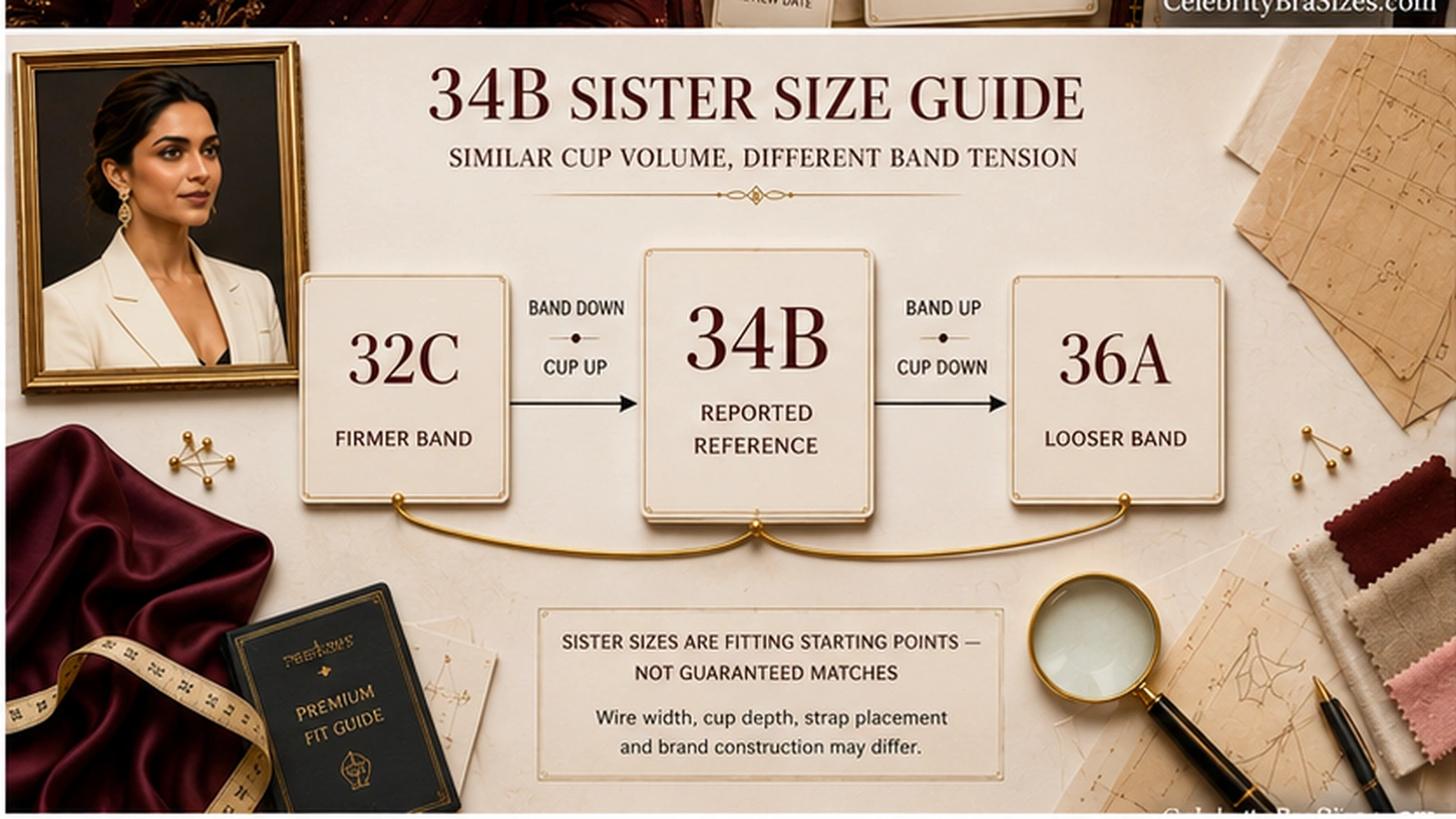 Deepika Padukone reported 34B sister size guide showing 32C and 36A