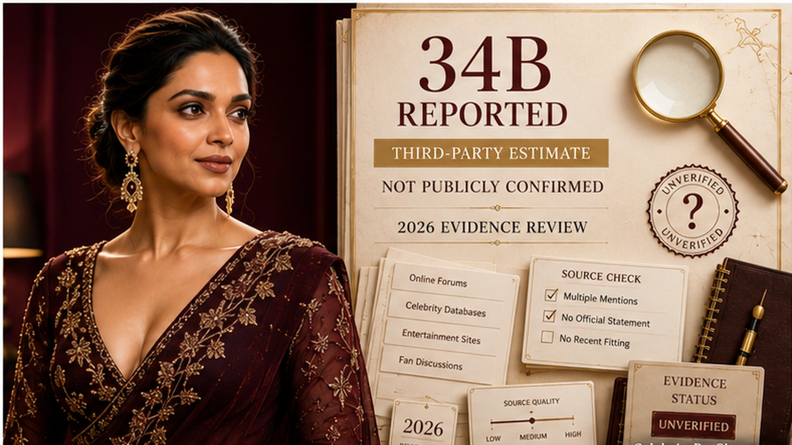 Deepika Padukone bra size source guide showing the 34B reported claim and its evidence status