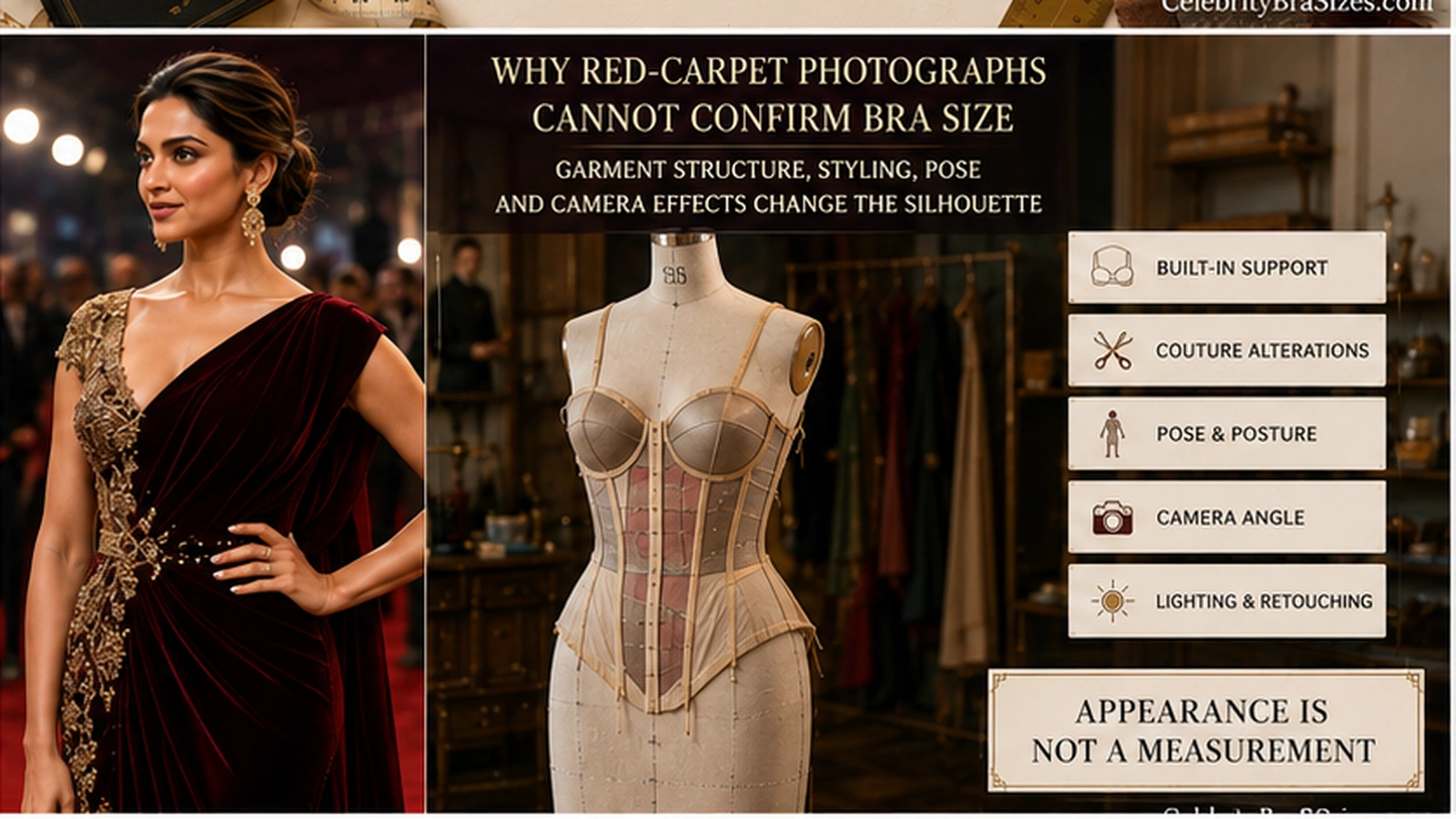 Deepika Padukone style and garment support context explaining why photographs cannot confirm bra size