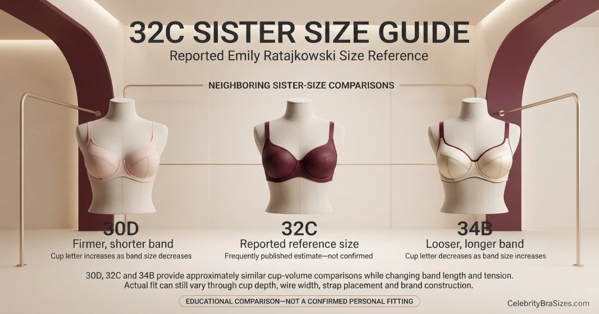 Emily Ratajkowski reported 32C sister size guide showing 30D and 34B