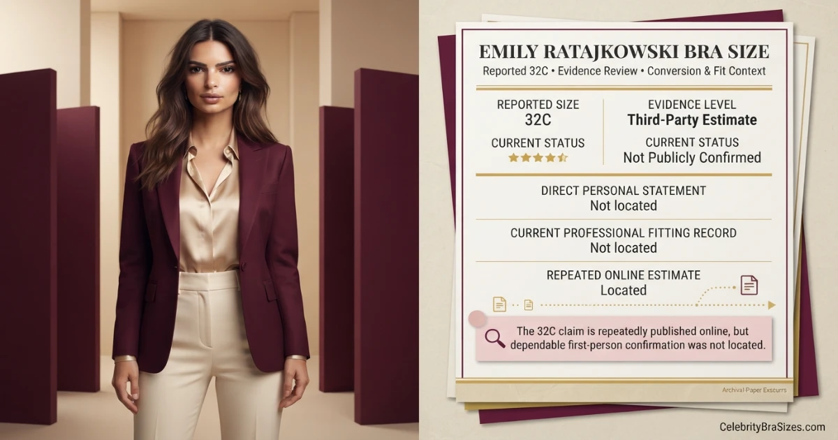 Emily Ratajkowski bra size source guide showing the 32C reported claim and its evidence status