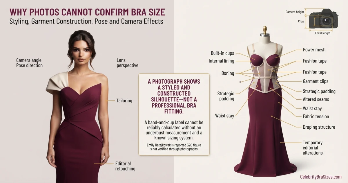 Emily Ratajkowski style and garment support context explaining why photographs cannot confirm bra size