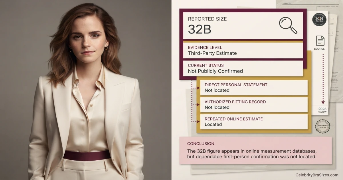 Emma Watson bra size source guide showing the 32B reported claim and its evidence status