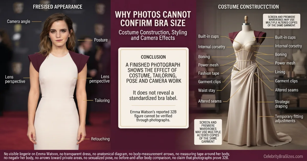 Emma Watson style and garment support context explaining why photographs cannot confirm bra size
