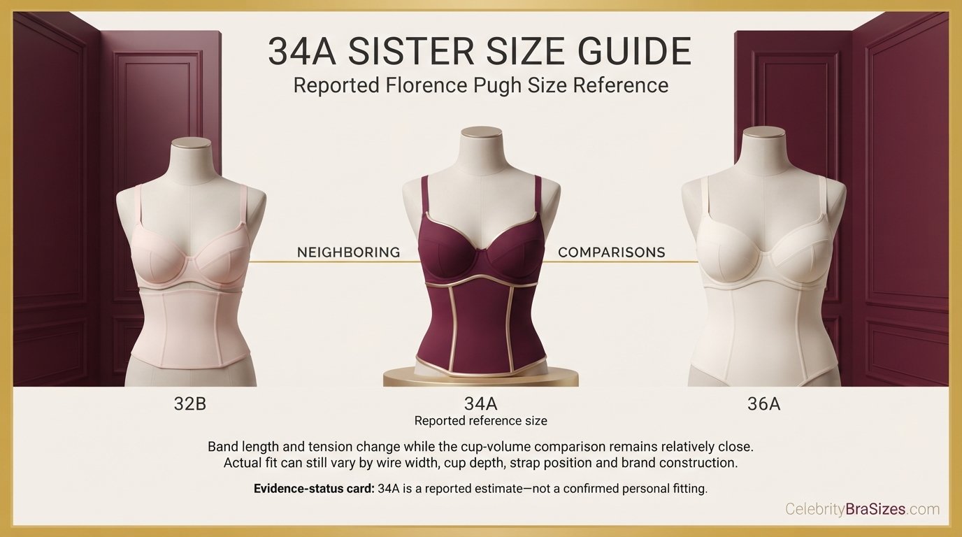 Florence Pugh reported 34A sister size guide showing 32B and 36A