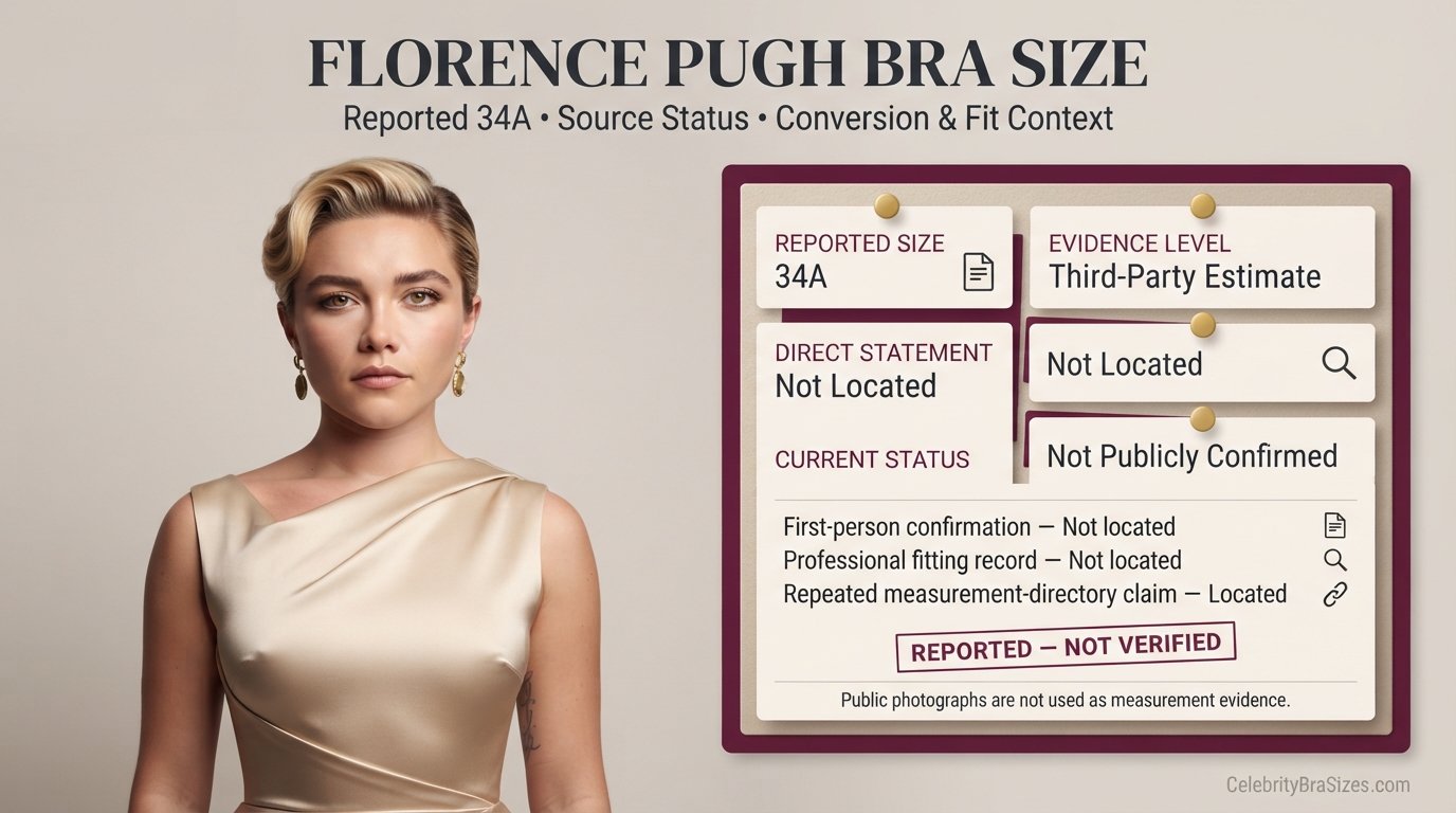 Florence Pugh bra size source guide showing the 34A reported claim and its evidence status