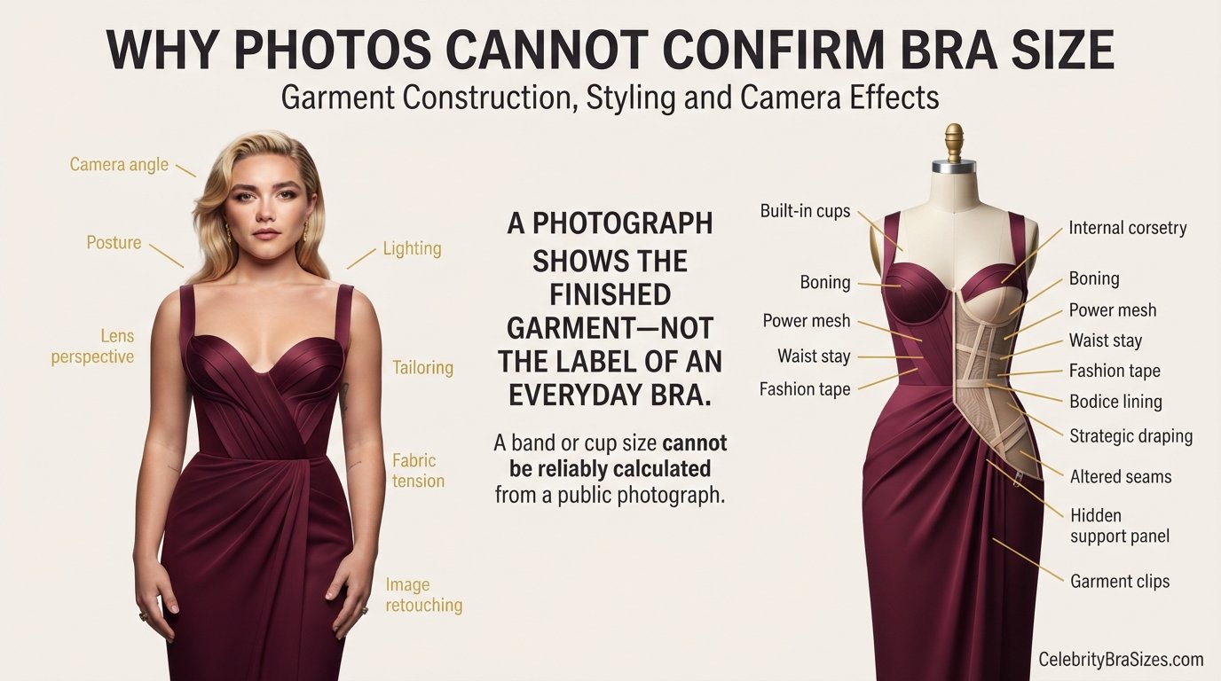 Florence Pugh style and garment support context explaining why photographs cannot confirm bra size