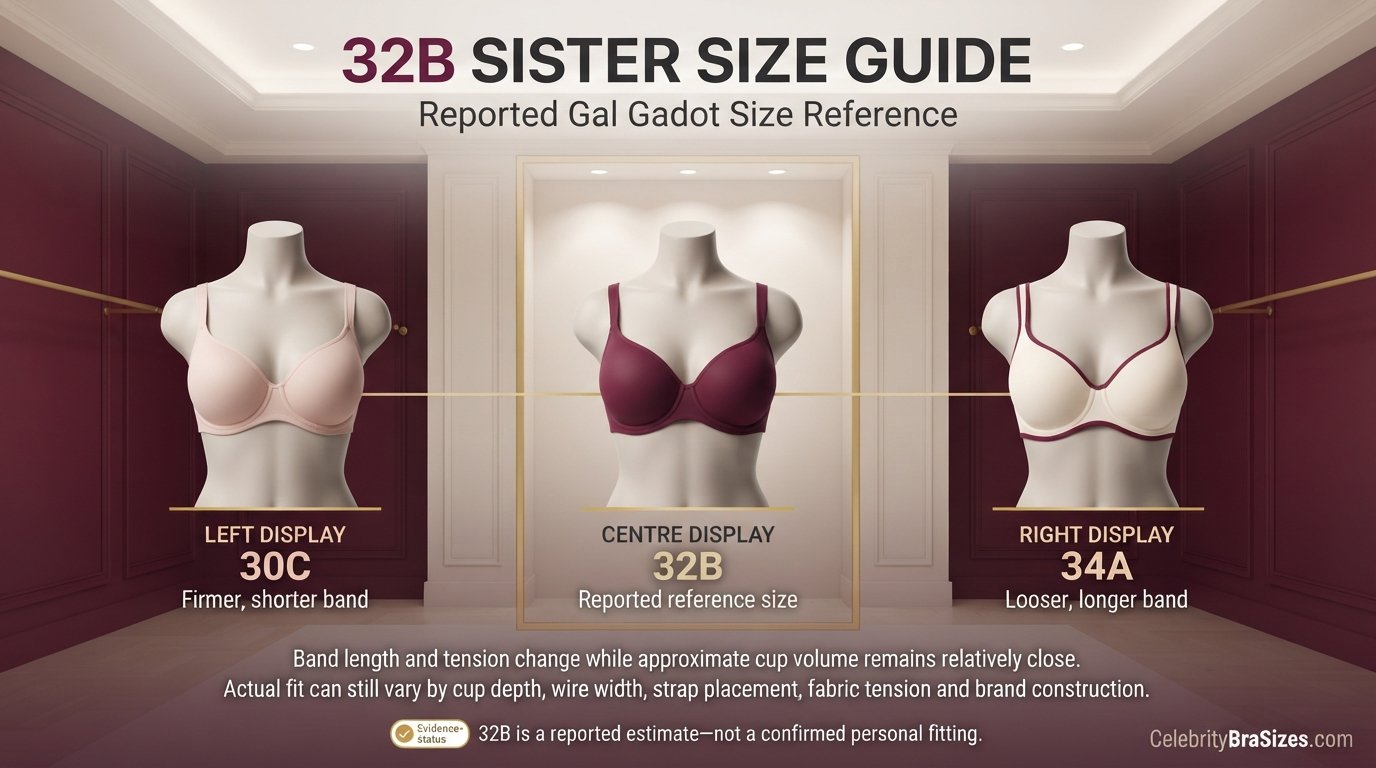 Gal Gadot reported 32B sister size guide showing 30C and 34A