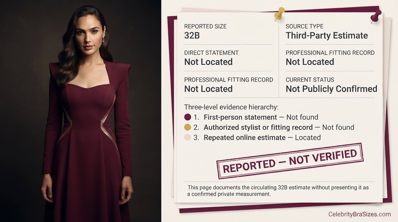Gal Gadot bra size source guide showing the 32B reported claim and its evidence status