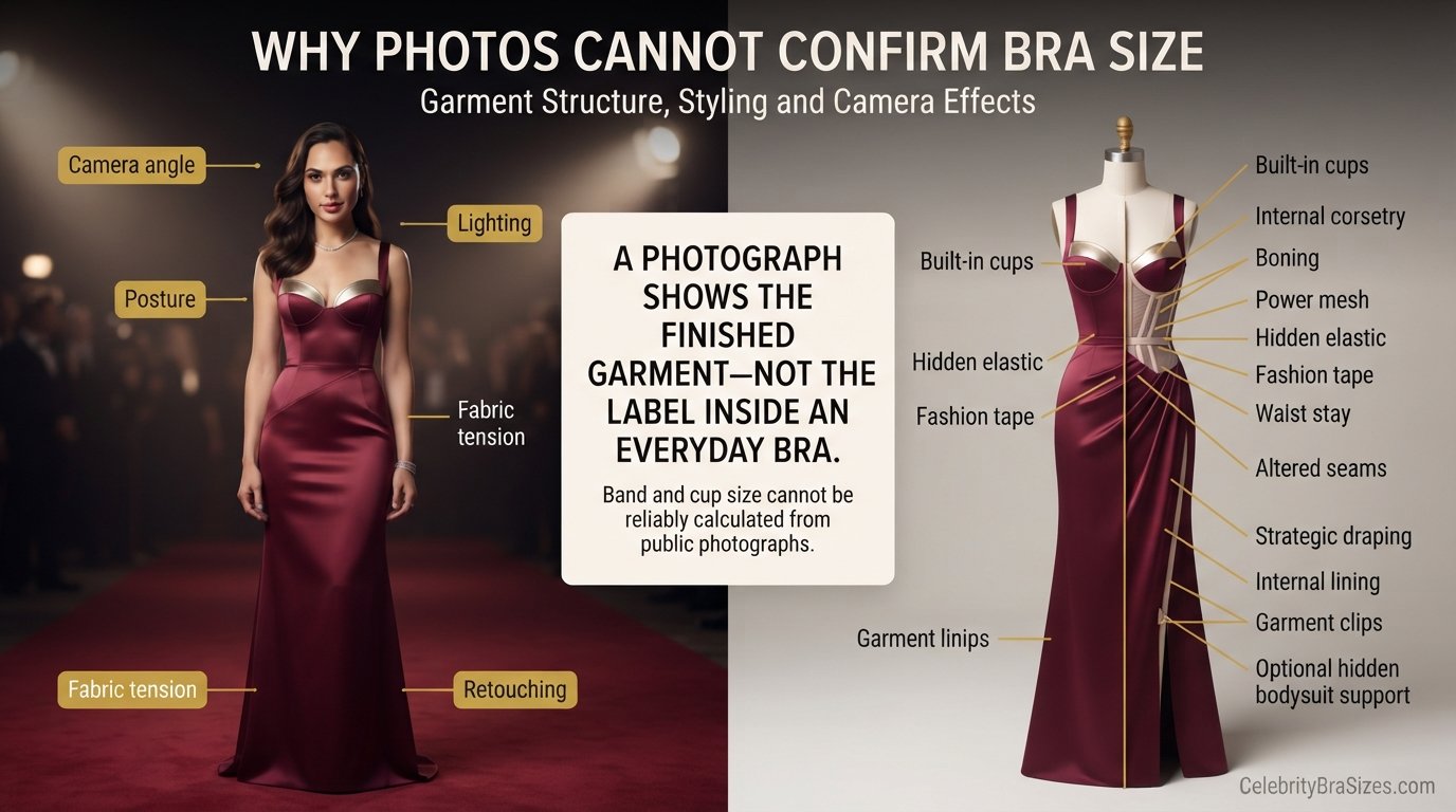 Gal Gadot style and garment support context explaining why photographs cannot confirm bra size