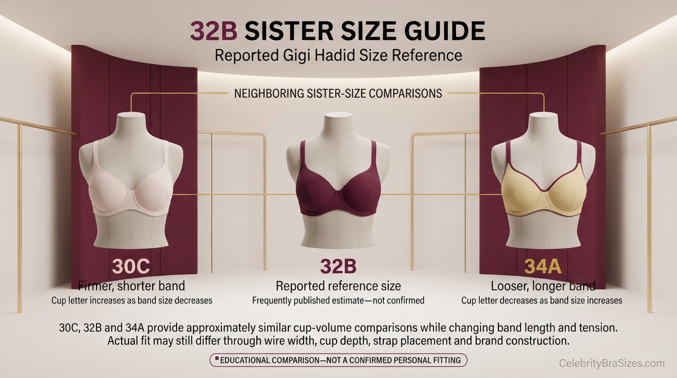 Gigi Hadid reported 32B sister size guide showing 30C and 34A