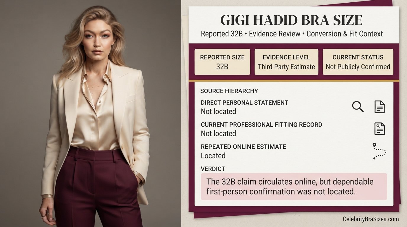 Gigi Hadid bra size source guide showing the 32B reported claim and its evidence status