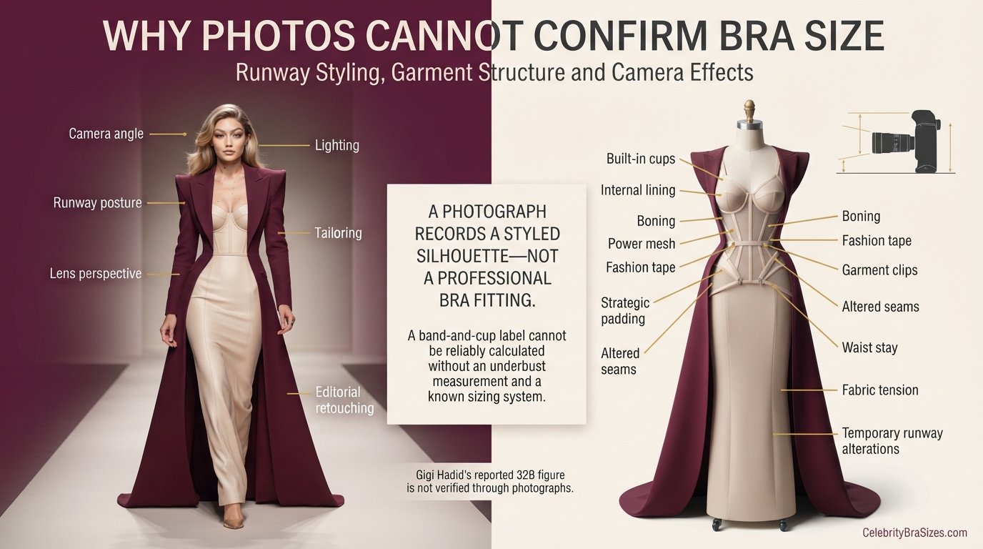 Gigi Hadid style and garment support context explaining why photographs cannot confirm bra size