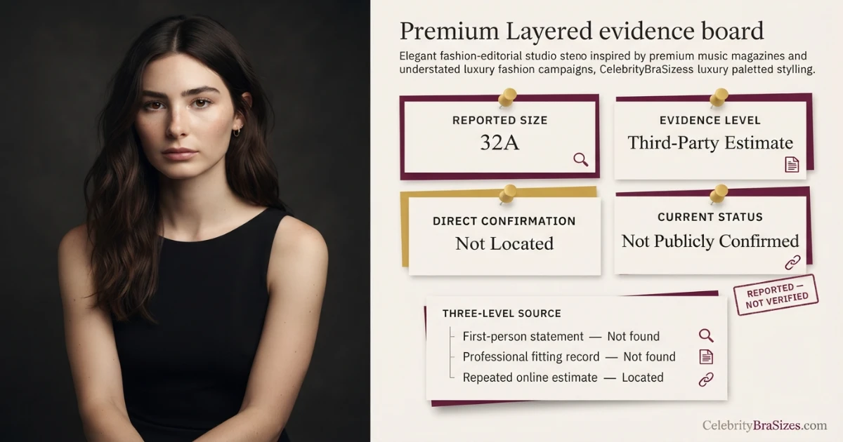 Gracie Abrams bra size source guide showing the 32A reported claim and its evidence status