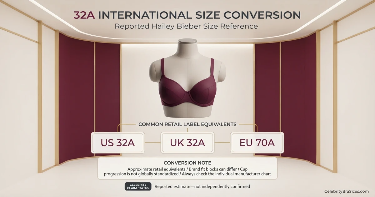 Hailey Bieber reported 32A bra size conversion guide for US UK and EU sizing