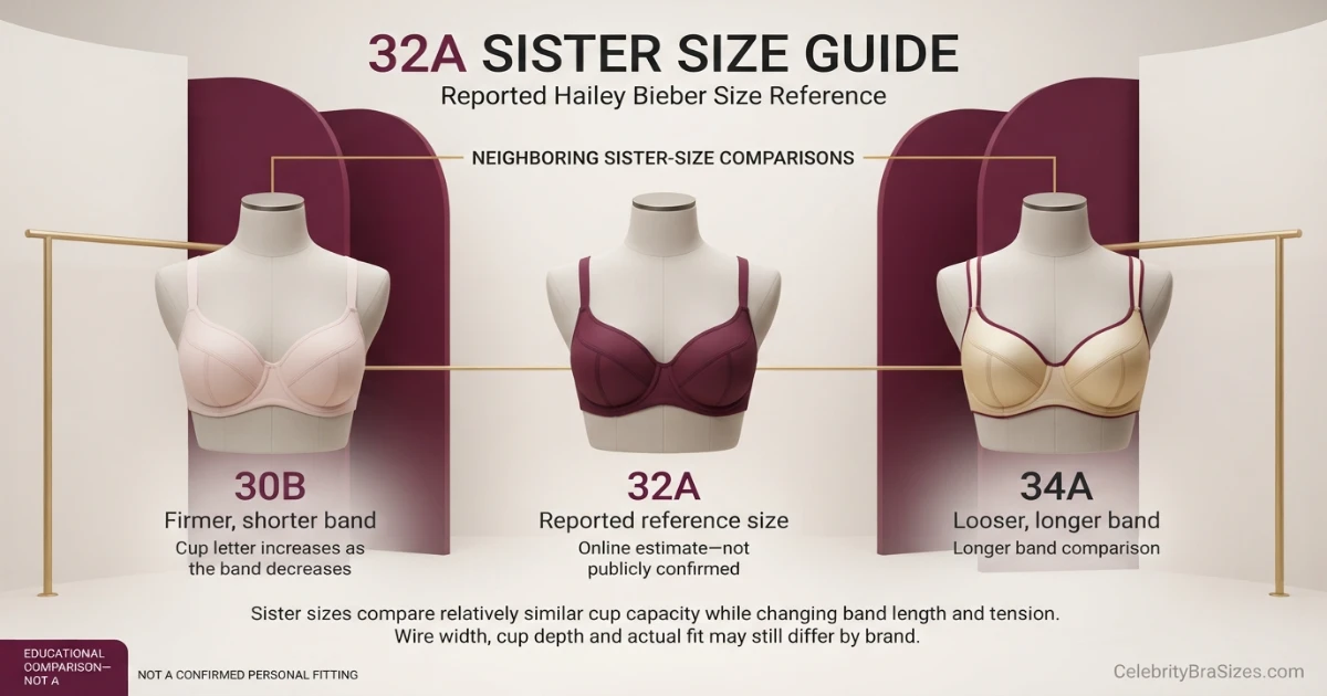 Hailey Bieber reported 32A sister size guide showing 30B and 34A