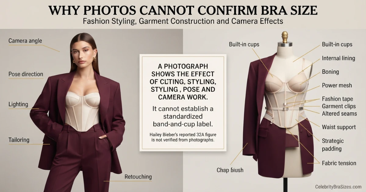 Hailey Bieber style and garment support context explaining why photographs cannot confirm bra size