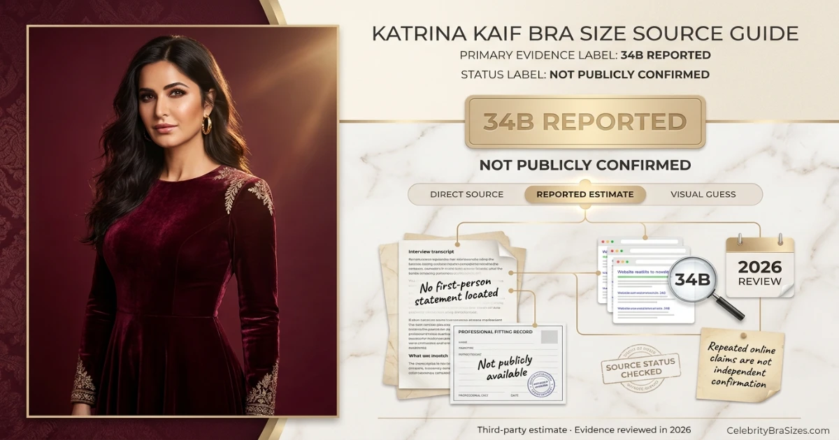 Katrina Kaif bra size source guide showing the 34B reported claim and its evidence status