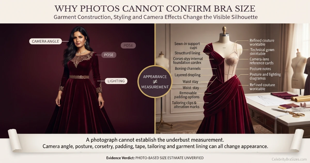 Katrina Kaif style and garment support context explaining why photographs cannot confirm bra size