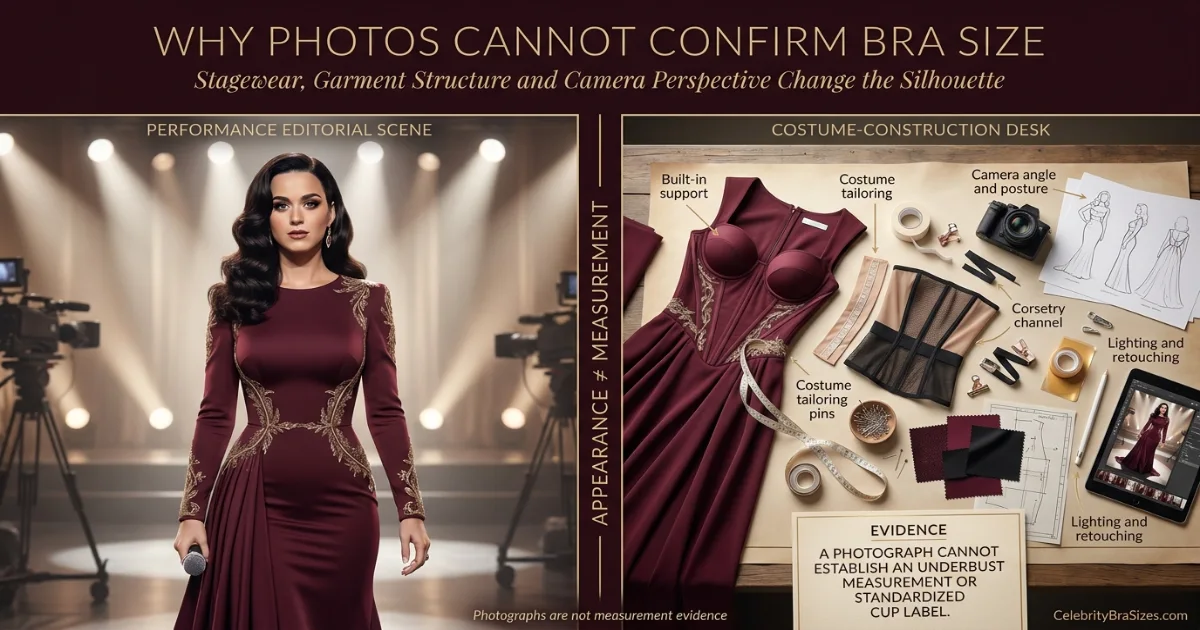 Katy Perry style and garment support context explaining why photographs cannot confirm bra size