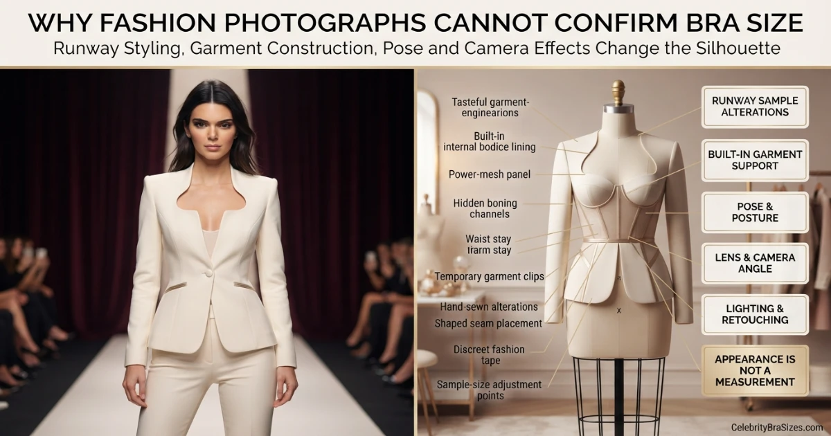 Kendall Jenner style and garment support context explaining why photographs cannot confirm bra size