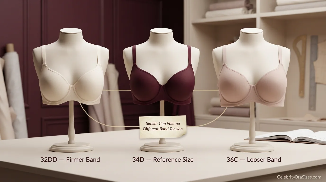 Kim Kardashian reported 34D sister size guide showing 32DD and 36C
