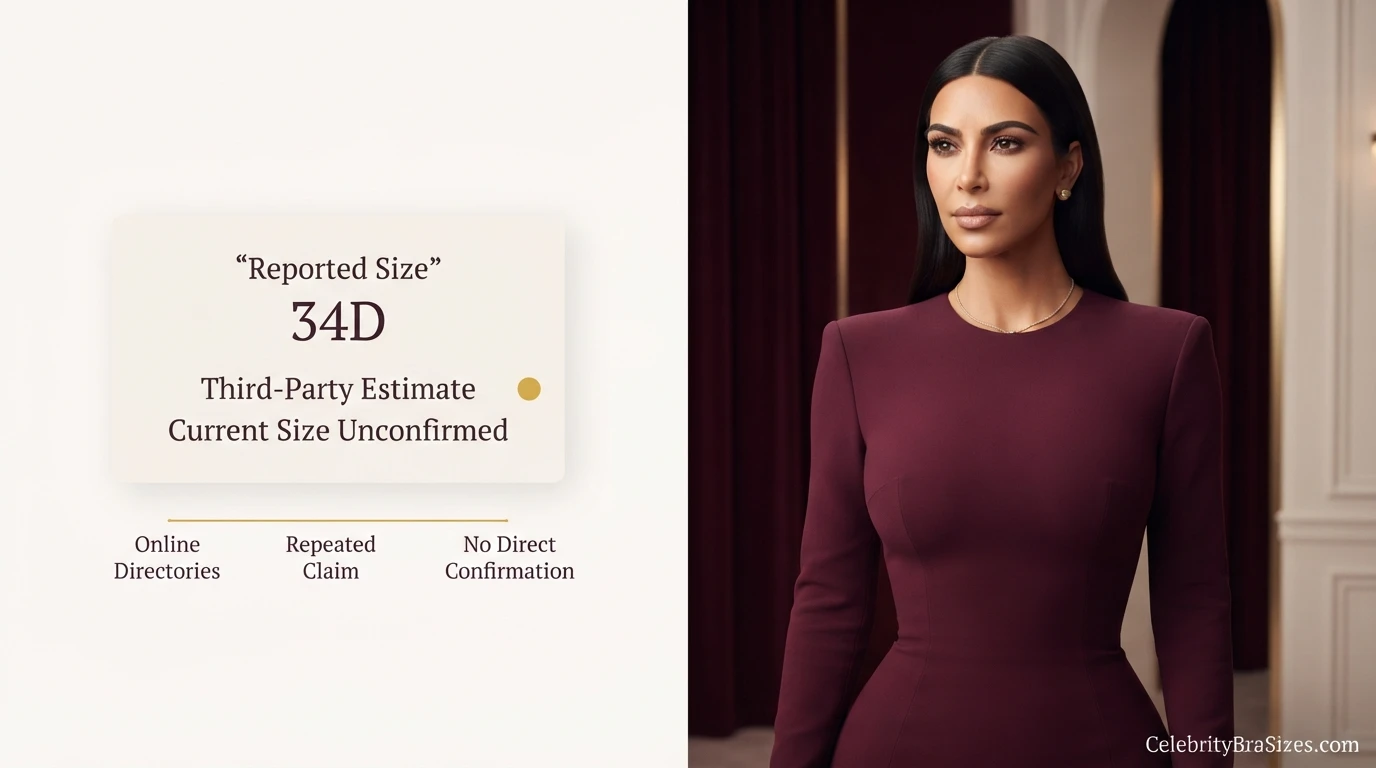 Kim Kardashian bra size source guide showing the 34D reported claim and its evidence status