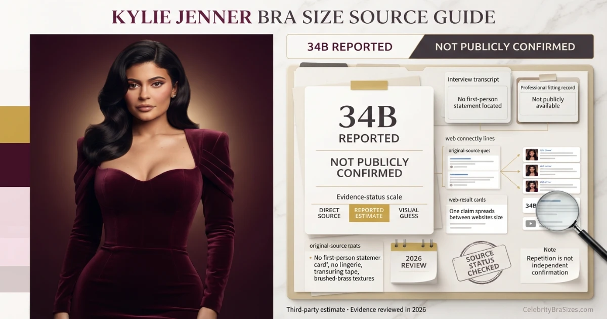 Kylie Jenner bra size source guide showing the 34B reported claim and its evidence status